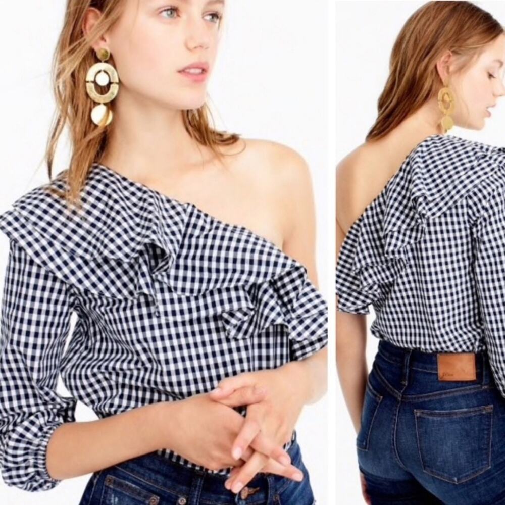J CREW Blue & White Gingham Check One Shoulder Ruffle Blouse Top Size 2
